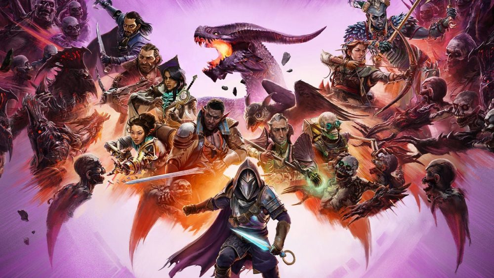 The official title art of Dragon Age: Veilguard featuring the seven companions, the protagonist character, and a dragon against a pink background.