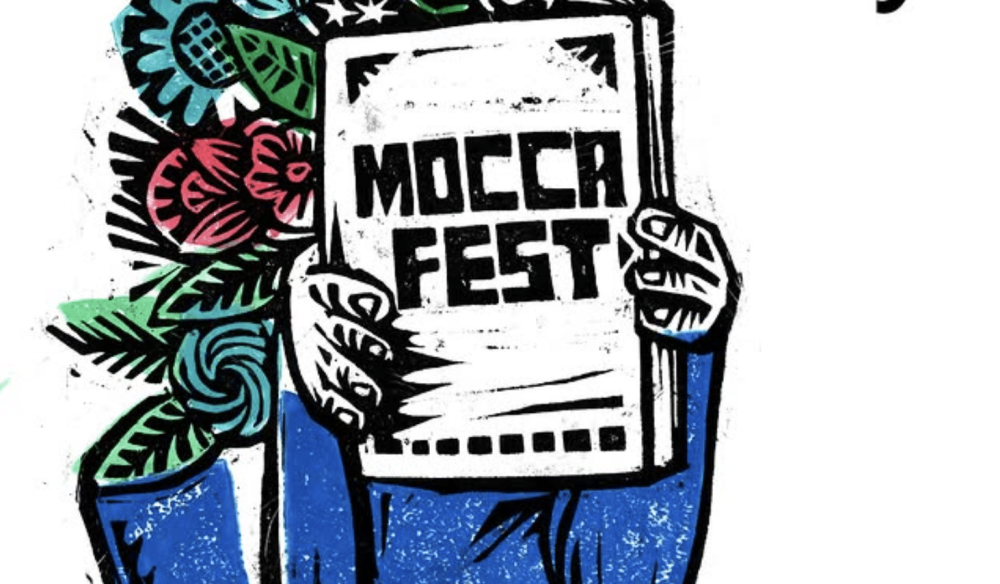 MoCCA Arts Fest 2025 logo hands holding a zine of Mocca Fest written on cover